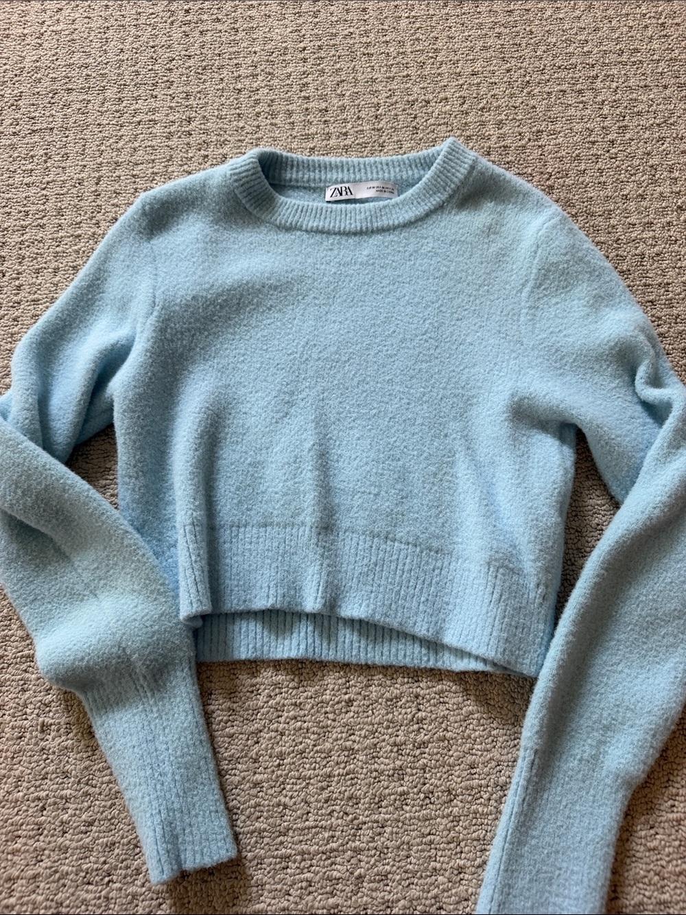 Zara Light Blue Cropped Crewneck Sweater